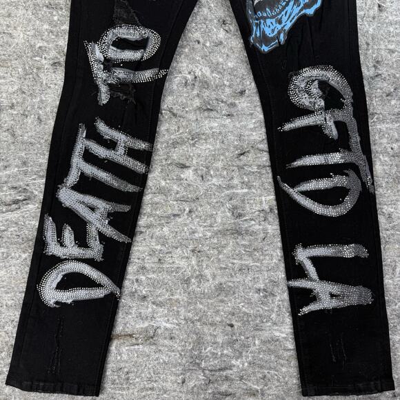 GFTD Los Angeles‎ Jeans Mens 36x33 Black White Death To All Skull Distressed - Picture 2 of 13